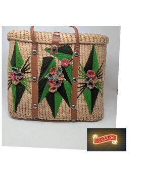 Vintage 80s Mexico Straw Bag Weave Tourist Tote
